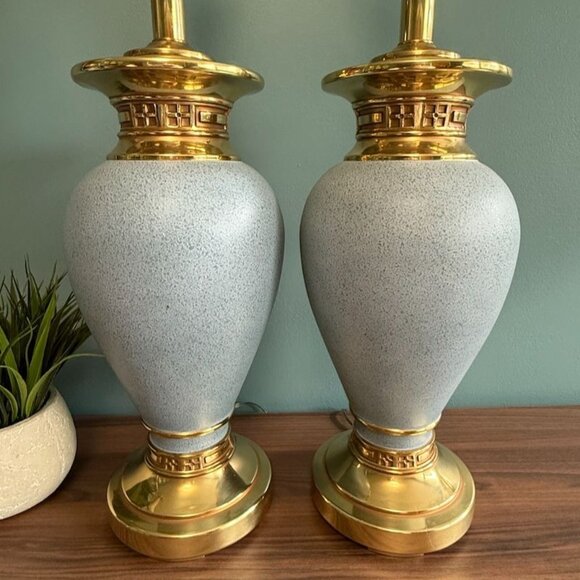 Vintage Ethan Allen Asian Blue Robins Egg & Gold Lamps 3 Way Set Of 2 EUC Works - Picture 3 of 10